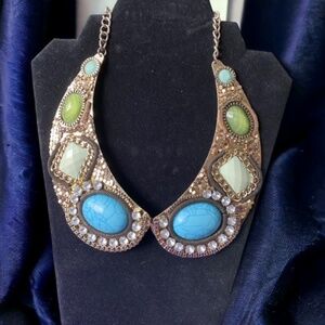 Turquoise and Glass-Crystal Ethnic Necklace Statement Piece